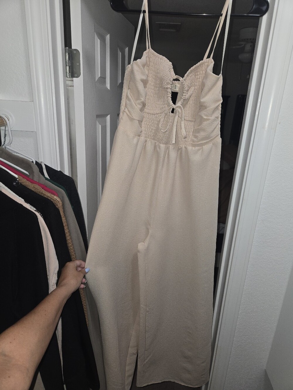 Shoetique Cream Smocked Bodice Wide-Leg Jumpsuit